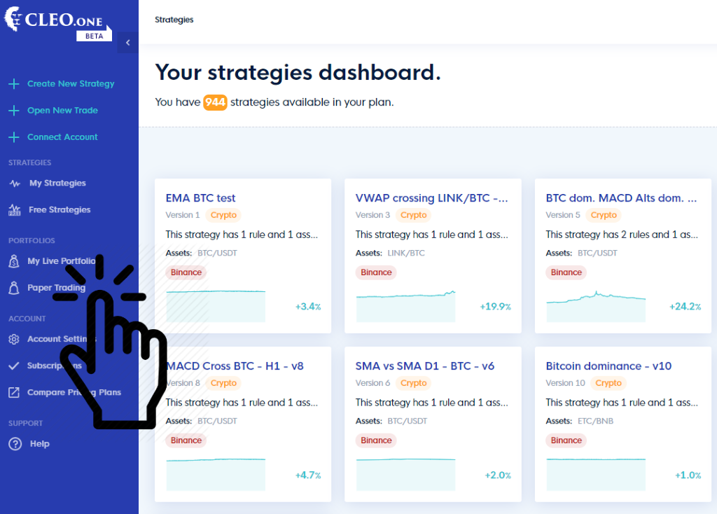 Trading strategies dashboard in CLEO.one