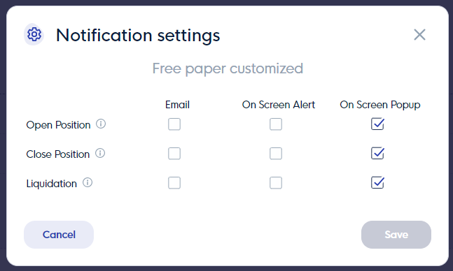 Notifications settings for paper traded strategies in CLEO.one