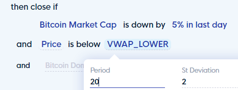 Close condition: BTC Market Cap is down by 5% and Price is below VWAP (lower band) set in CLEO.one