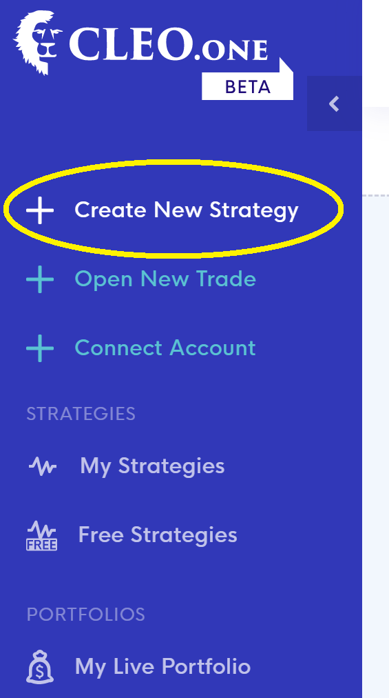 CLEO.one side menu - click "create new strategy"